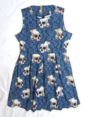 Women’s 3XL Skull Rose Gothic Fit & Flare Dress Blue Sleeveless Back Zip